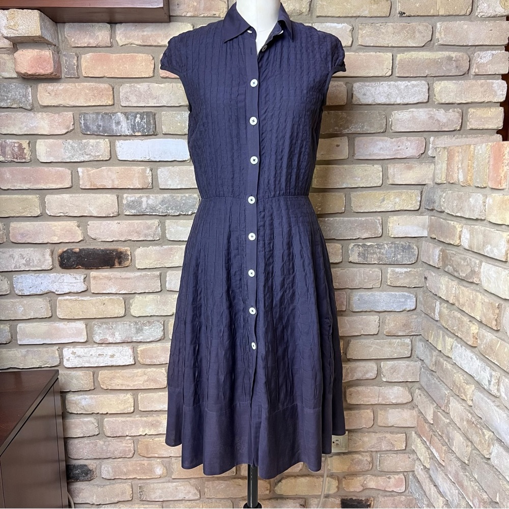 NICOLE FARHI navy blue cotton silk pintuck shirt dress